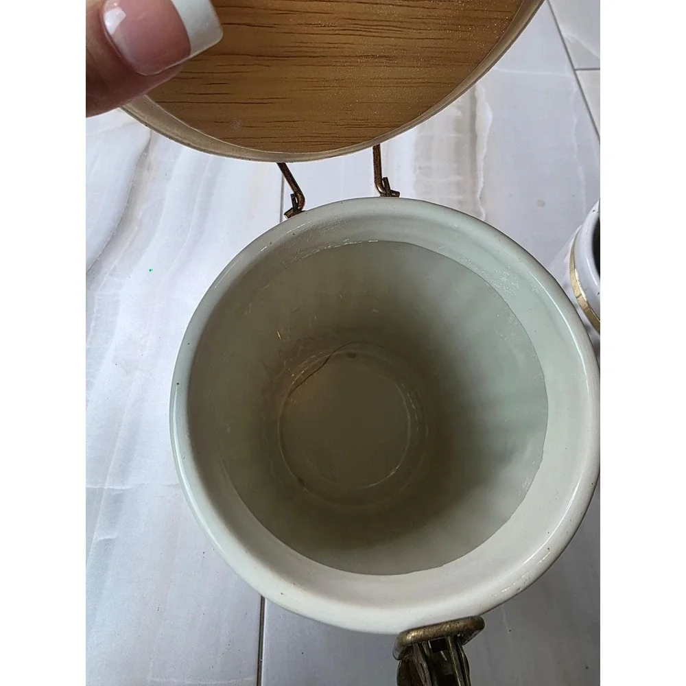 Vintage Ceramic Canister Set‎ Wood Lids Clamp Latch Farmhouse Kitchen Storage B2